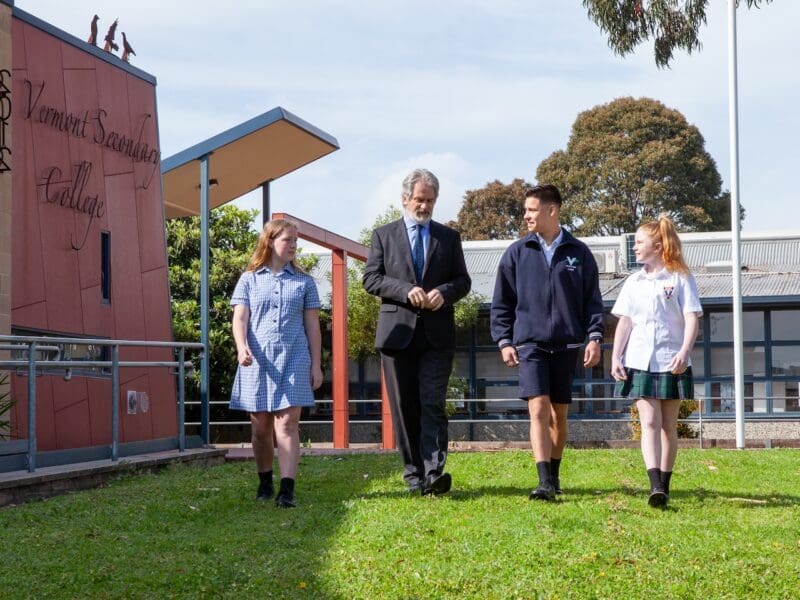 Tony Jacobs, Principal of Vermont Secondary College with Students